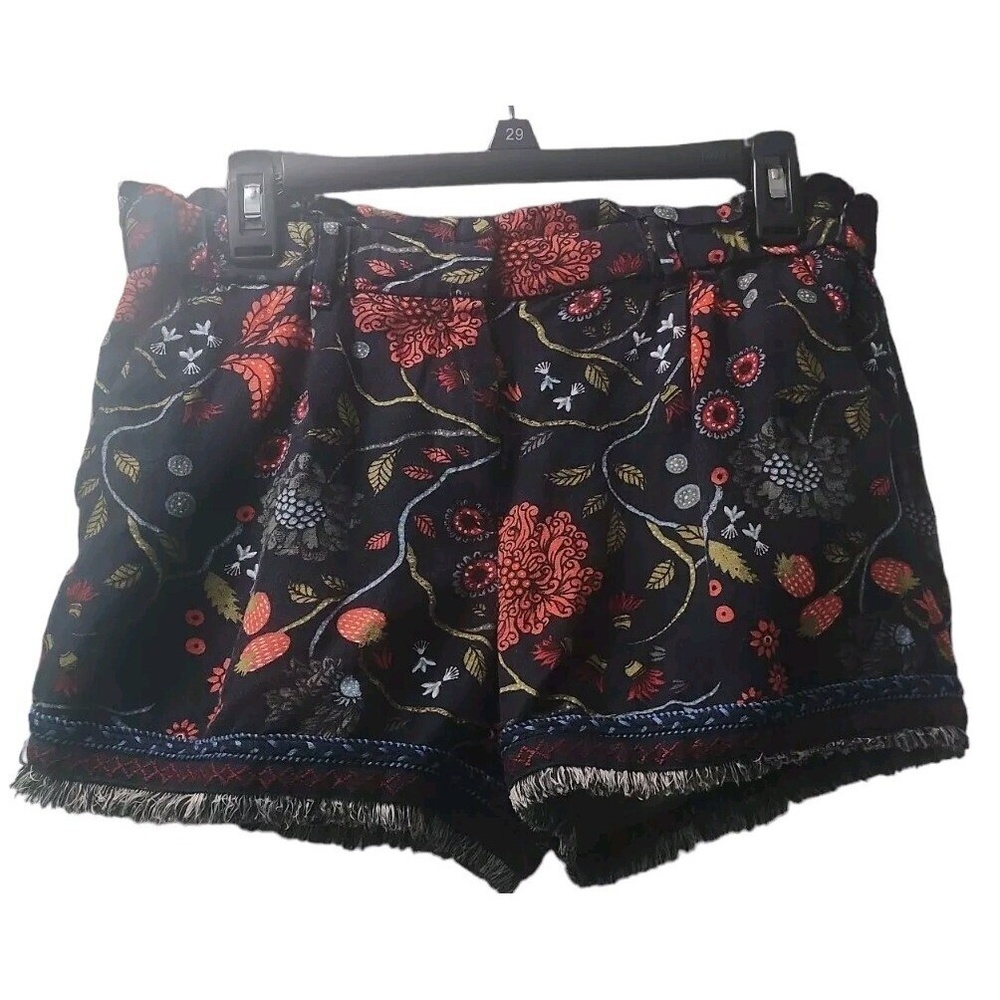 Ann Taylor LOFT‎ Floral Print Shorts Fringed Hem Boho Casual Black S